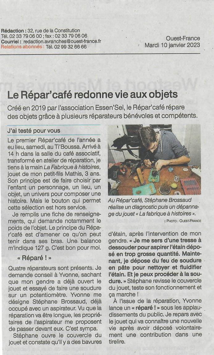 Article du Ouest France sur le Répar’Café du 07/01/2023 à Avranches ...